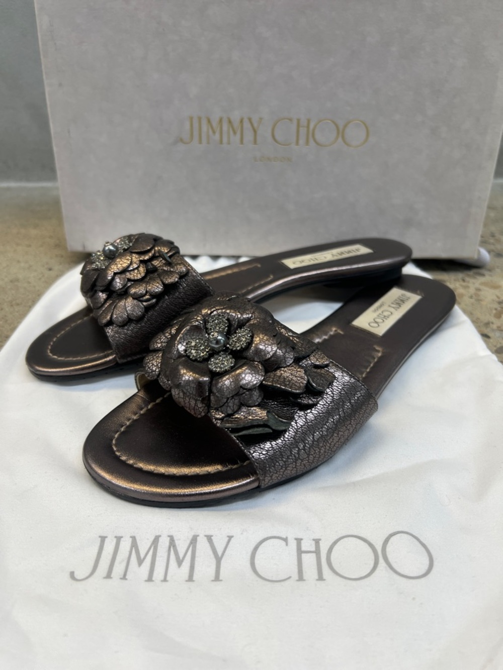 Jimmy Choo Metallic Bronze Floral Slide Mules